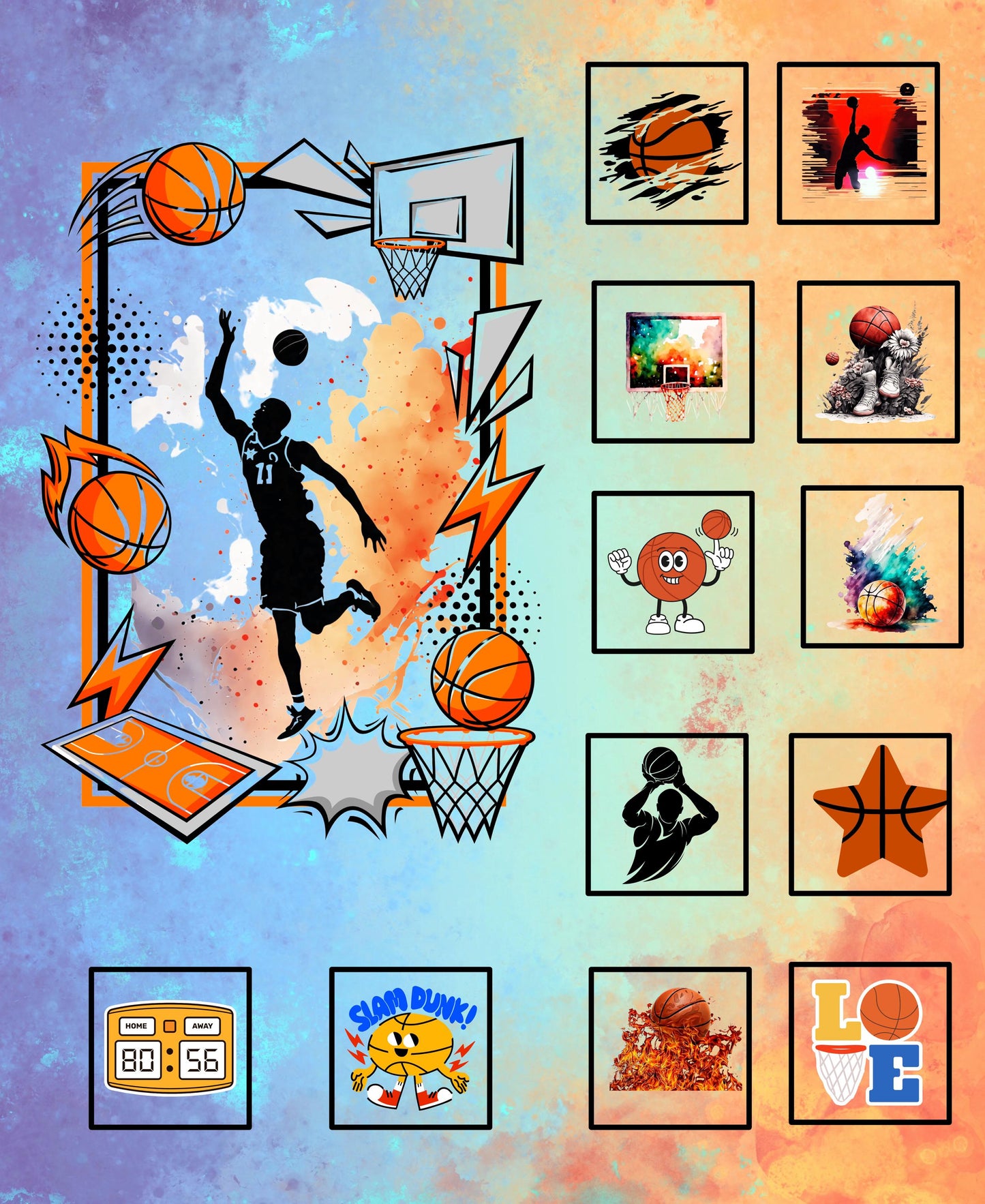 Large Basketball Quilt Panel and Blocks, Cotton Sports Fabric, 3 Color, Large