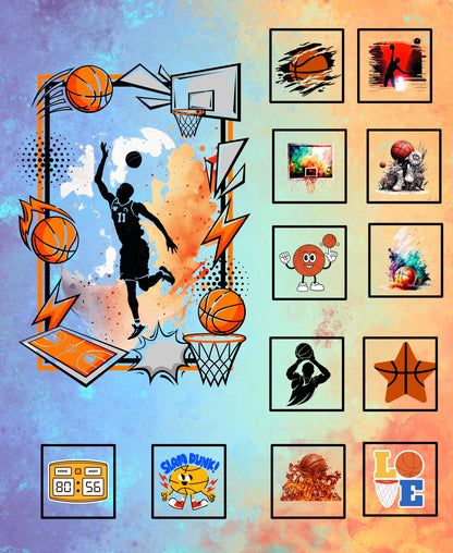 Large Basketball Quilt Panel and Blocks, Cotton Sports Fabric, 3 Color, Large