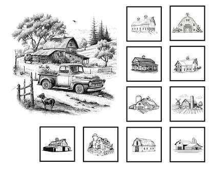 Barn Sketches Quilt Panel Block combo: Black and White Cotton Fabric, Barn Wall Art, Quality Quilt Cotton