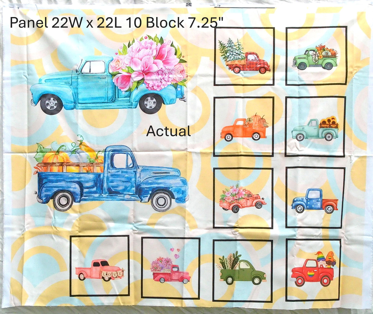 Retro Pickup Truck Quilt Panel: Seasonal Blocks, Cotton Fabric
