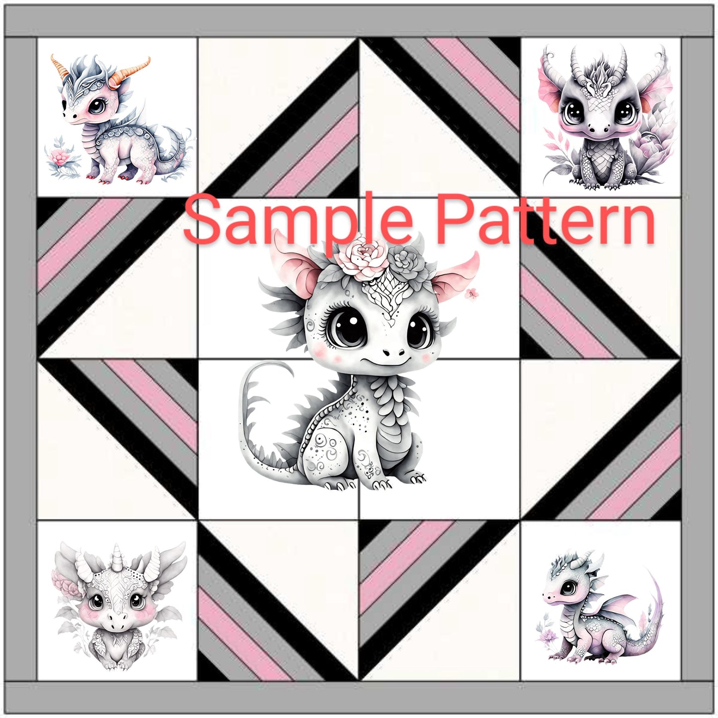 Baby Girl Dragon Quilt Panel and Blocks, Nursery Wall Art, DIY Soft Fabric Book, Quality Quilt Cotton