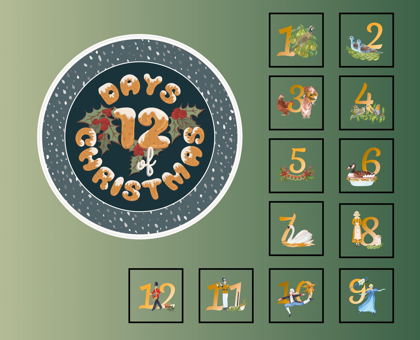 12 Days of Christmas Quilt Panel & Blocks, Quality Quilt Cotton Fabric 34" x 42", Christmas Quilt Panel