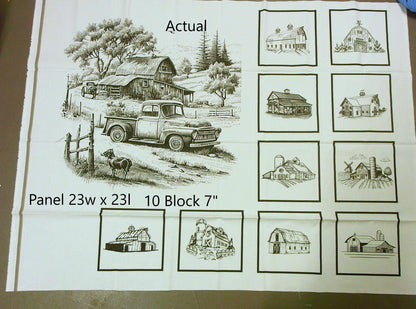 Barn Sketches Quilt Panel Block combo: Black and White Cotton Fabric, Barn Wall Art, Quality Quilt Cotton