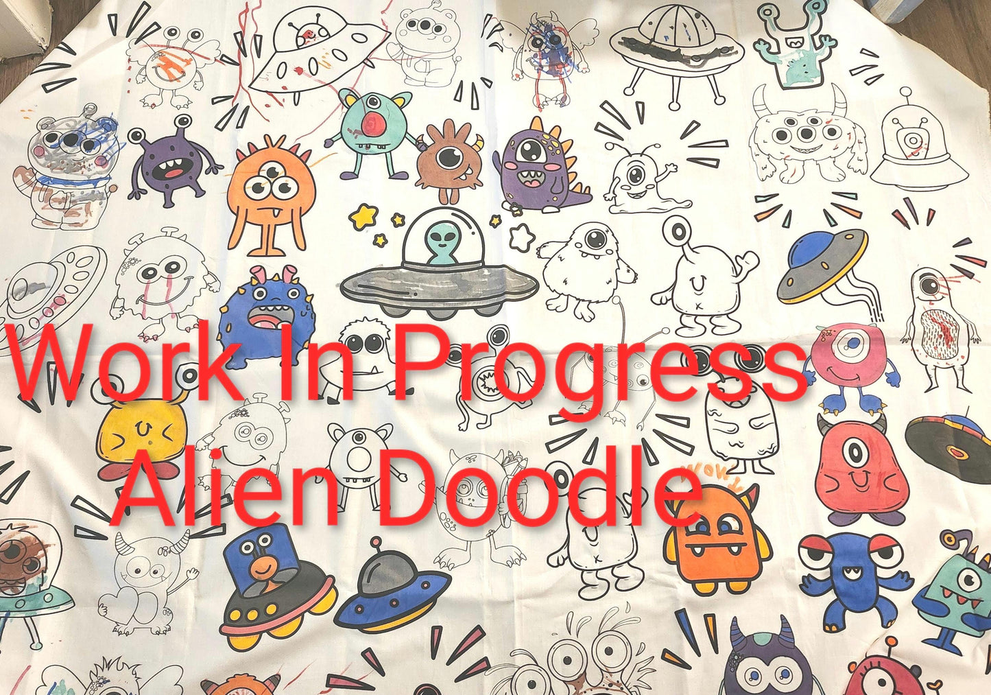 Alien Buddies Doodle Fabric, Childs Art Quilt Panel, Coloring Quilt Panel