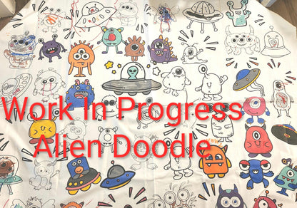 Alien Buddies Doodle Fabric, Childs Art Quilt Panel, Coloring Quilt Panel