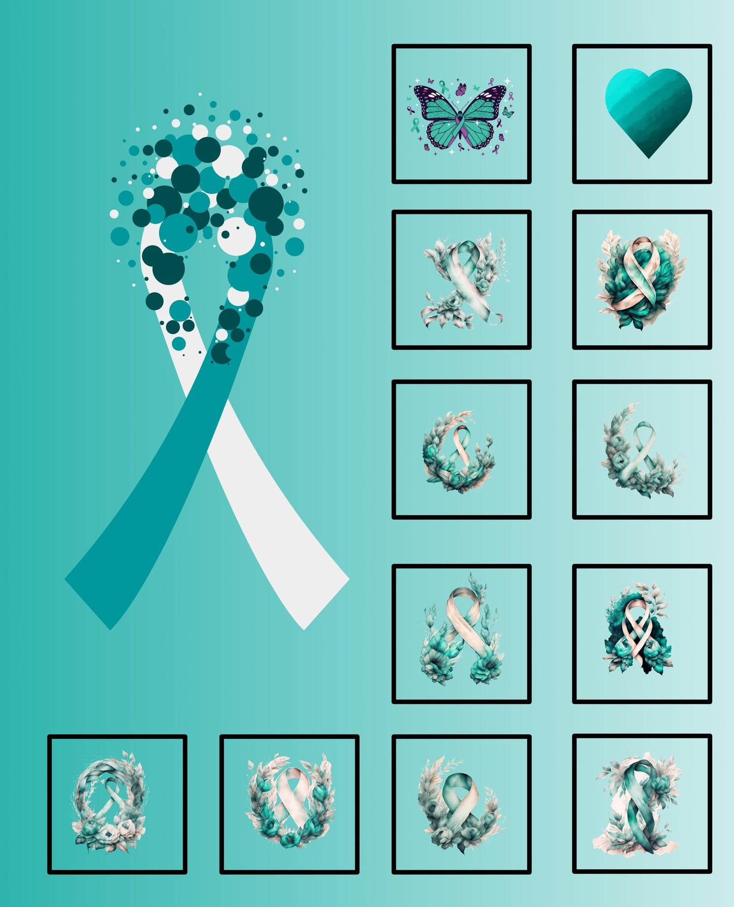 Ovarian Cancer Awareness Quilt Panel and Block Combo, Easy Quilt Project, Dark Teal Cancer Fabric,  Light Teal Cancer, Quality Quilt Fabric