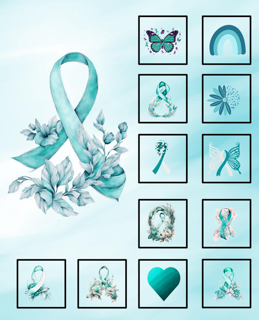 Ovarian Cancer Awareness Quilt Panel and Block Combo, Easy Quilt Project, Dark Teal Cancer Fabric,  Light Teal Cancer, Quality Quilt Fabric