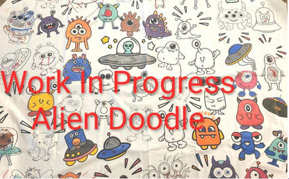 Artist Coloring Quilt Panel: Artist Supplies Doodle Fabric